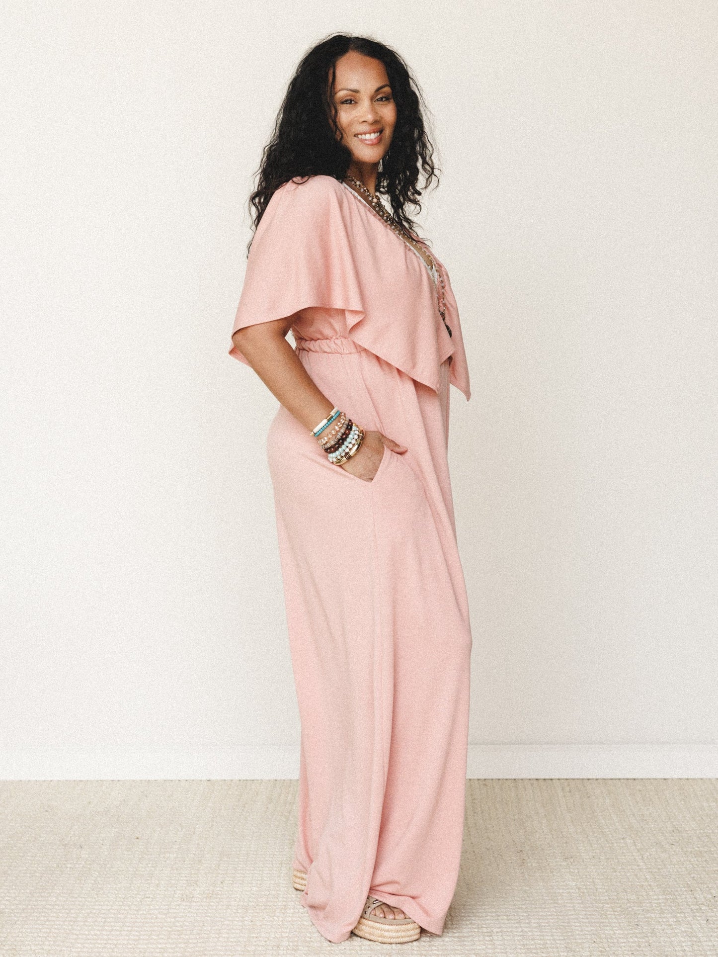 The Nest On Repeat Open Back Ruffle Jumpsuit - Shadow Blush