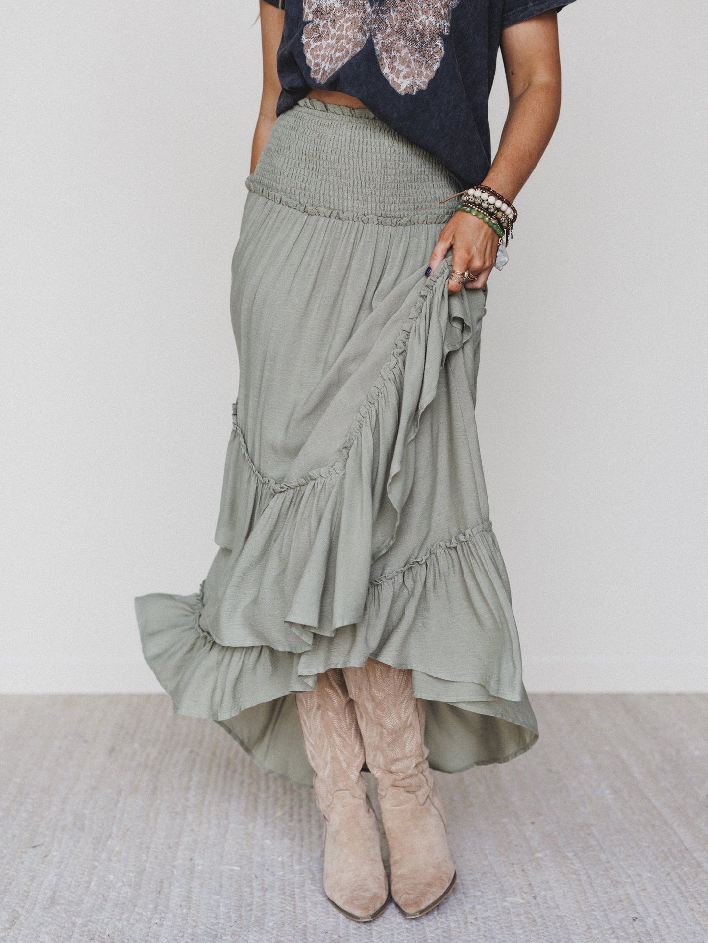 Washed Ashore Ruffled Maxi Skirt - Olive
