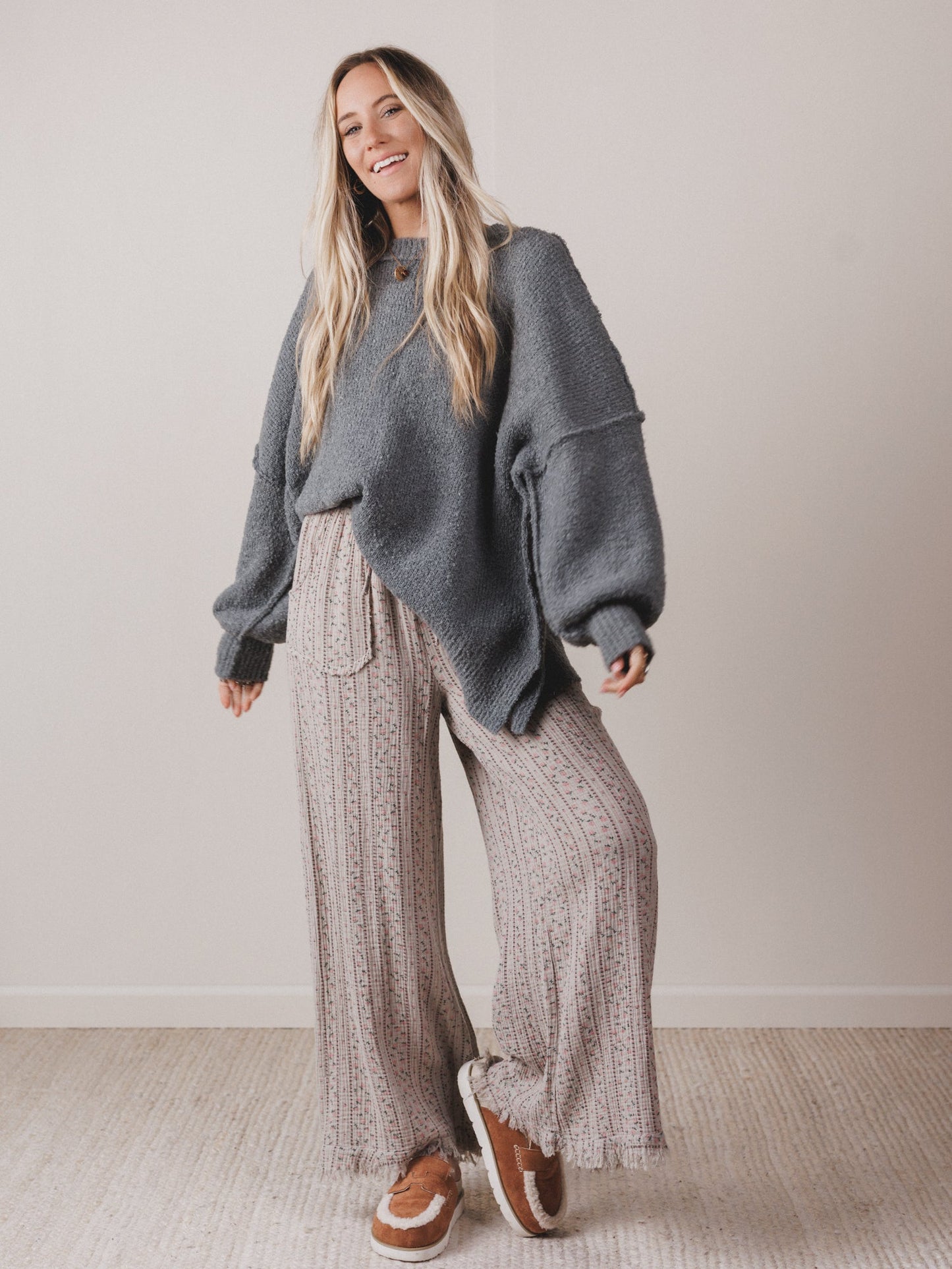 The Nest Sandra Wide Leg Ruffle Pant - Taupe