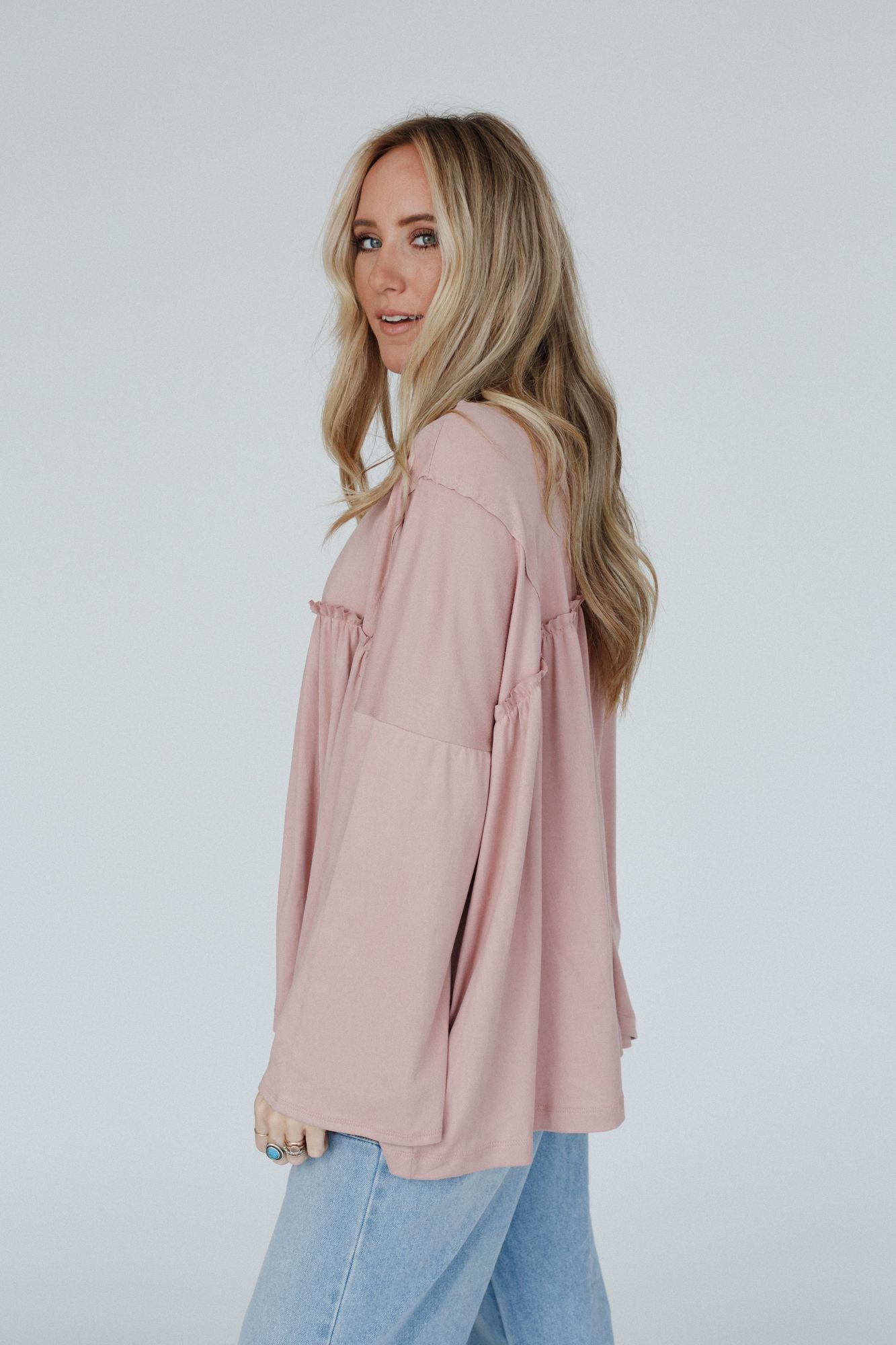 The Nest Solid Serenity Long Sleeve Babydoll Top - Mauve Dusty