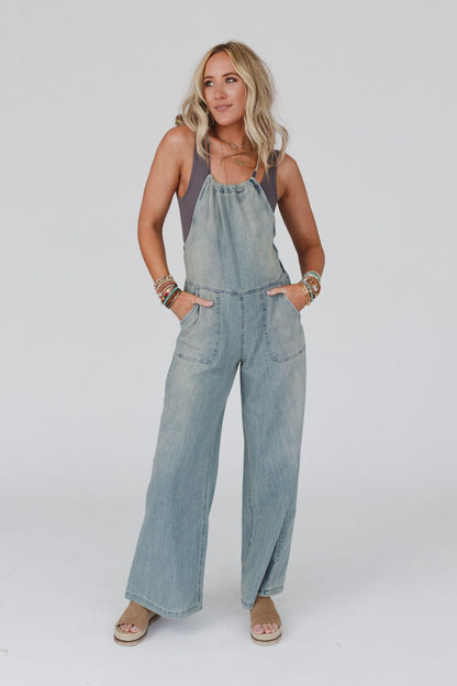 Rise And Shine Wide Leg Denim Jumpsuit - Denim