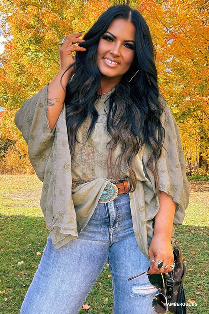 Peace Path Embroidered Top - Olive