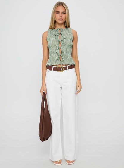 Apero Shirred Tie Front Top Green / White Stripe