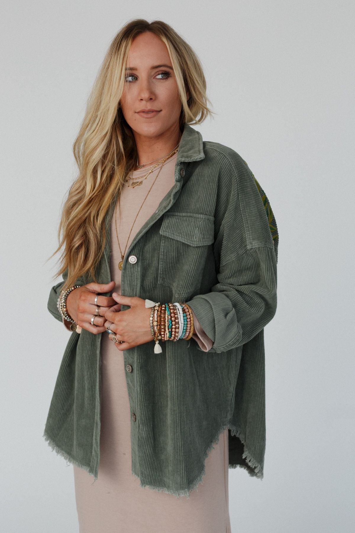 Gardener Embroidered Button Down Top - Olive