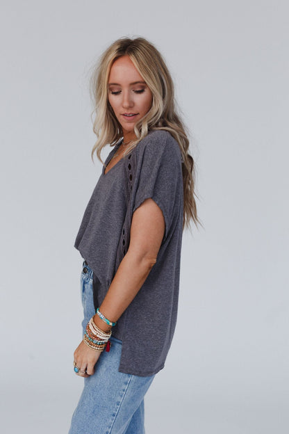 The Nest Camden Lace V Neck Top - Charcoal