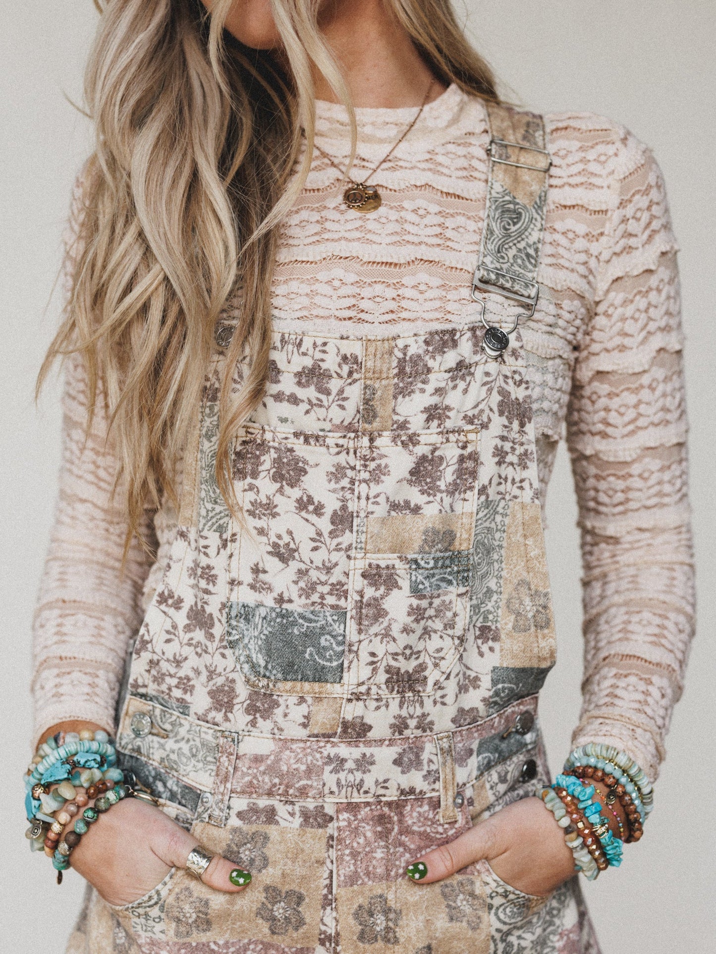 Vintage Boho Denim Overalls - Taupe Multi