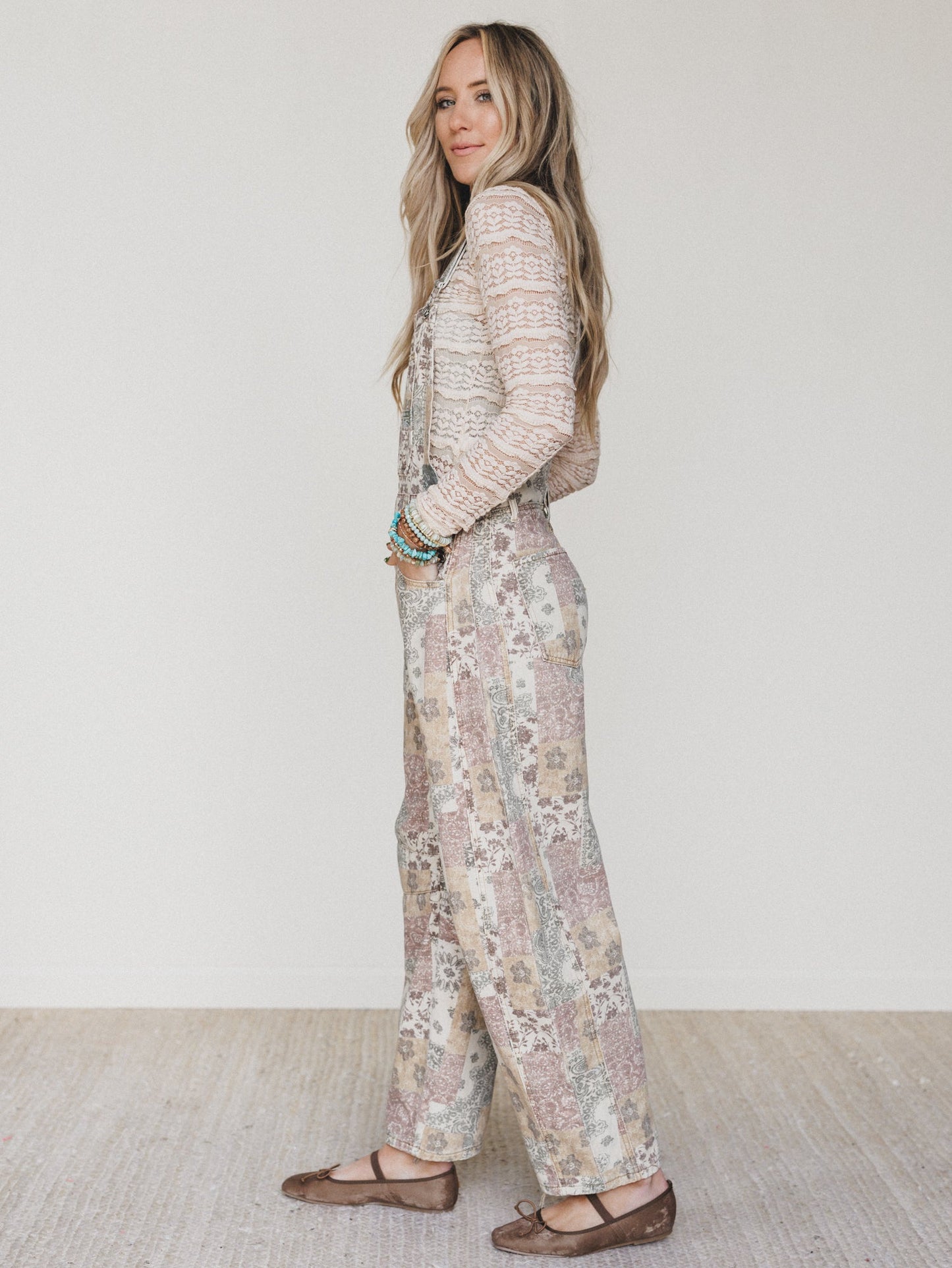 Vintage Boho Denim Overalls - Taupe Multi