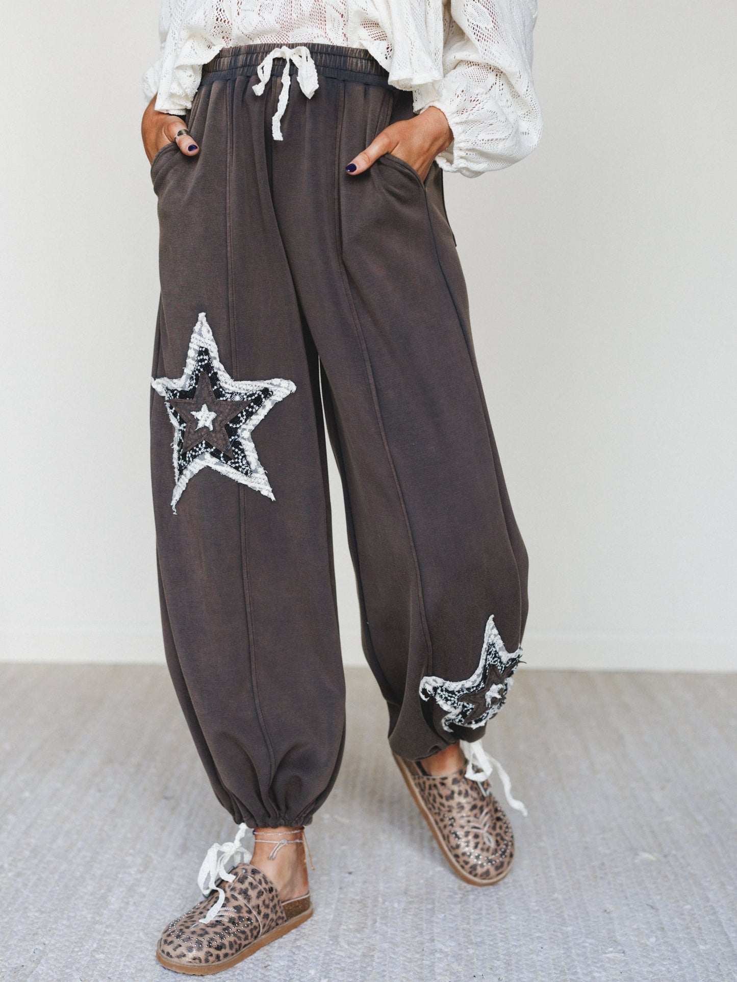 The Nest Bobbie Patchwork Convertible Wide Leg Pant - Charcoal