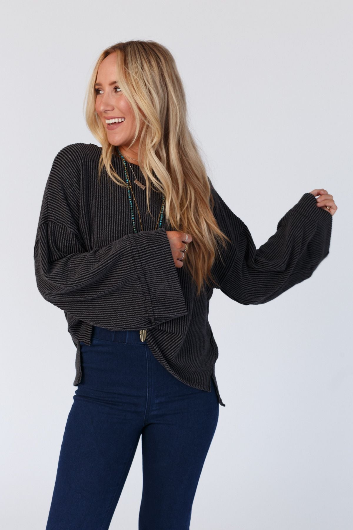 The Nest Love It Round Neckline Textured Top - Charcoal