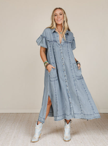 Western Muse Puff Sleeve Maxi Dress - Denim