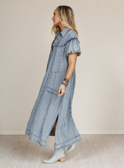Western Muse Puff Sleeve Maxi Dress - Denim