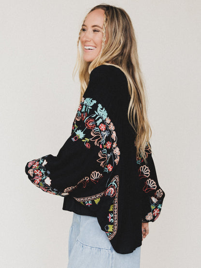 Frida Embroidered Dolman Sleeve Top - Black