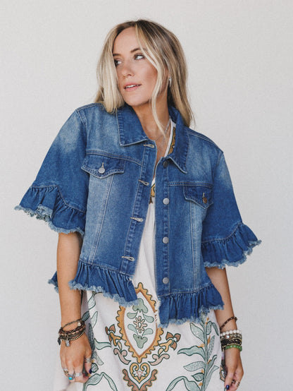 Scottie Ruffle Denim Jacket - Blue