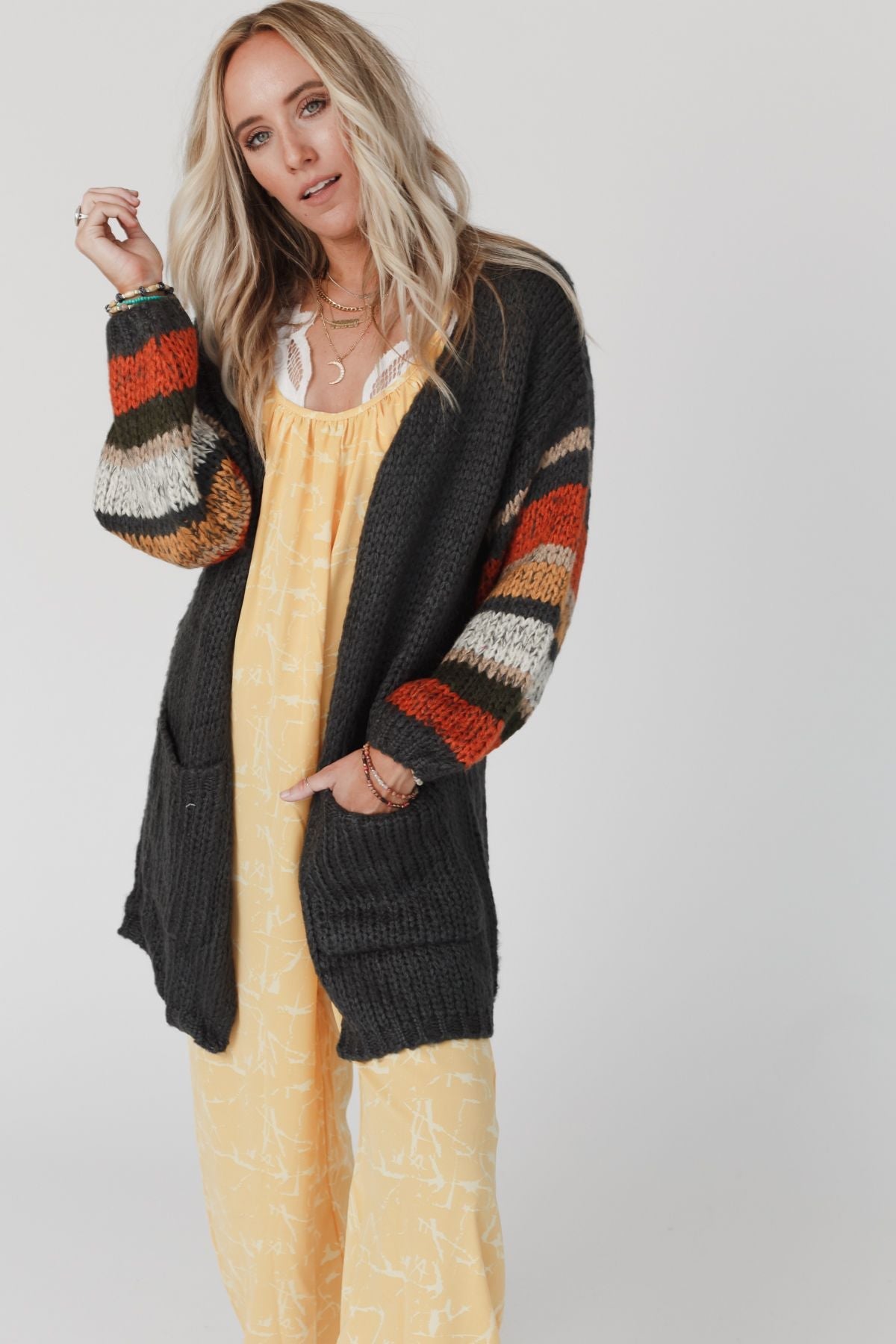 Danny Striped Sleeve Cardigan - Charcoal