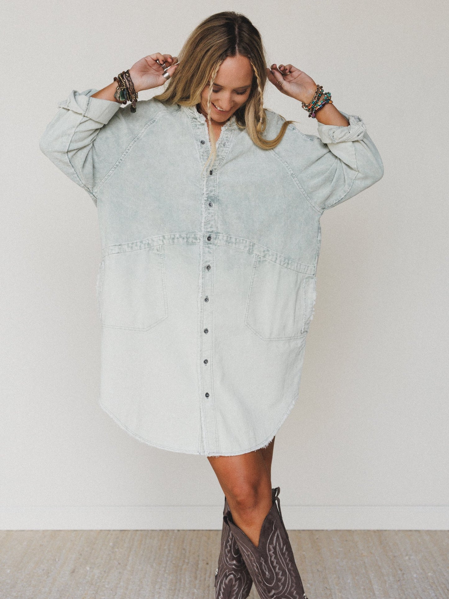 All You Do Tie Dye Corduroy Tunic Dress - Sage