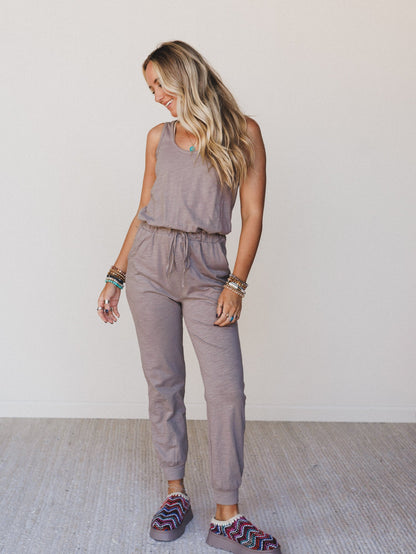 Set to Go Textured Jumpsuit And Cardigan Set - Mocha