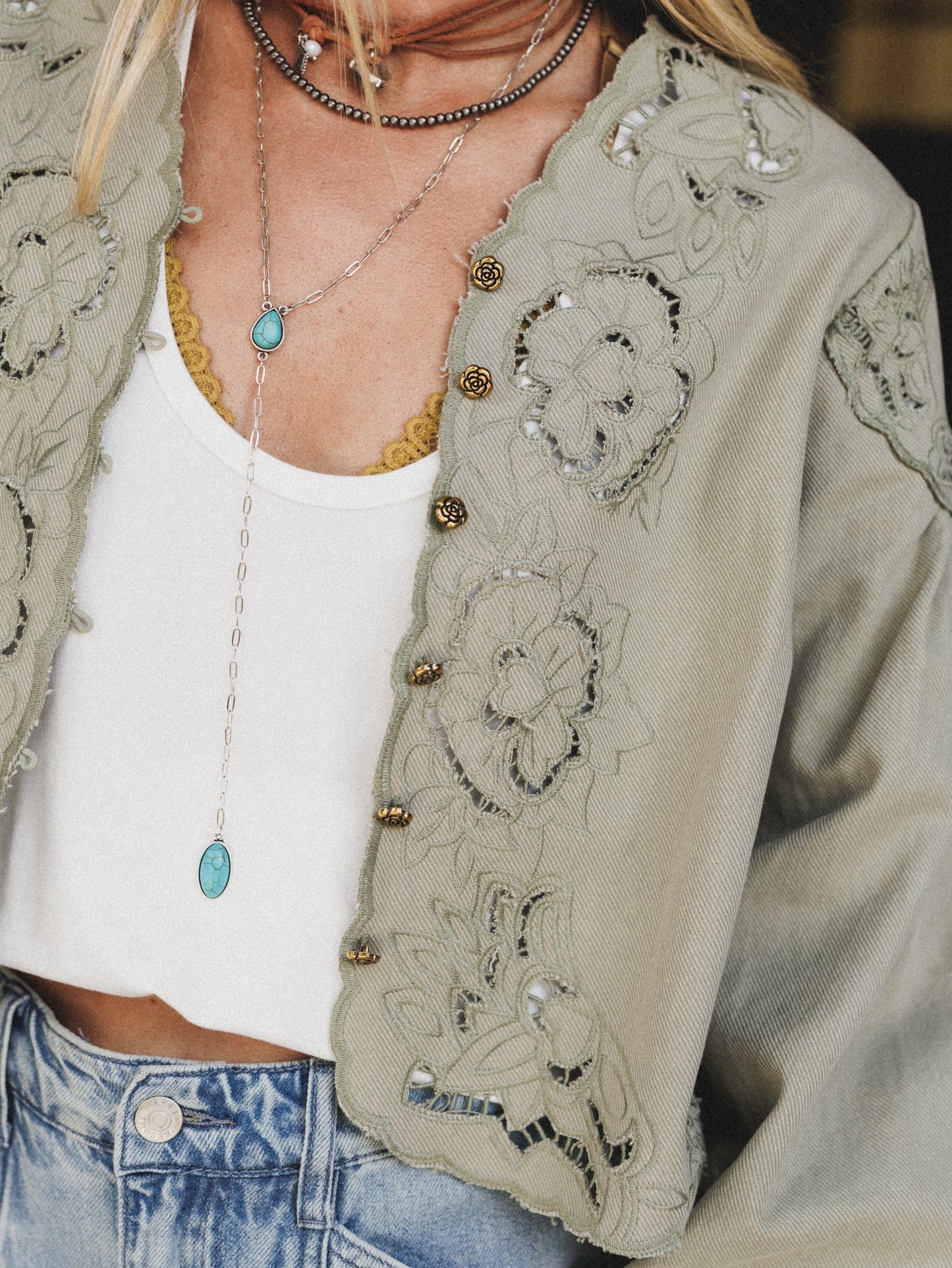 Extra Touch Embroidered Denim Jacket - Olive