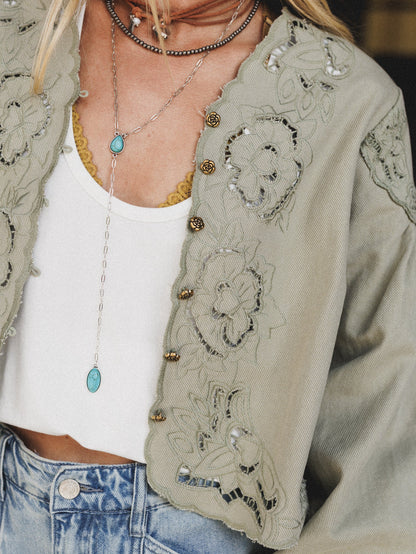 Extra Touch Embroidered Denim Jacket - Olive