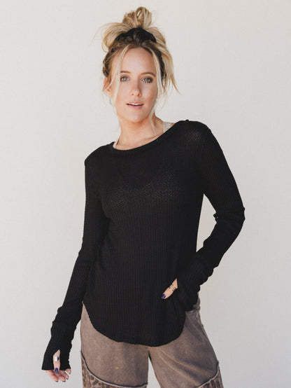 The Nest Jacqueline Waffle Long Sleeve Top - Black