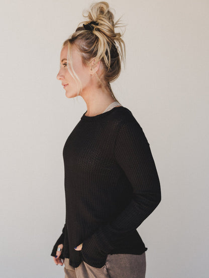 The Nest Jacqueline Waffle Long Sleeve Top - Black