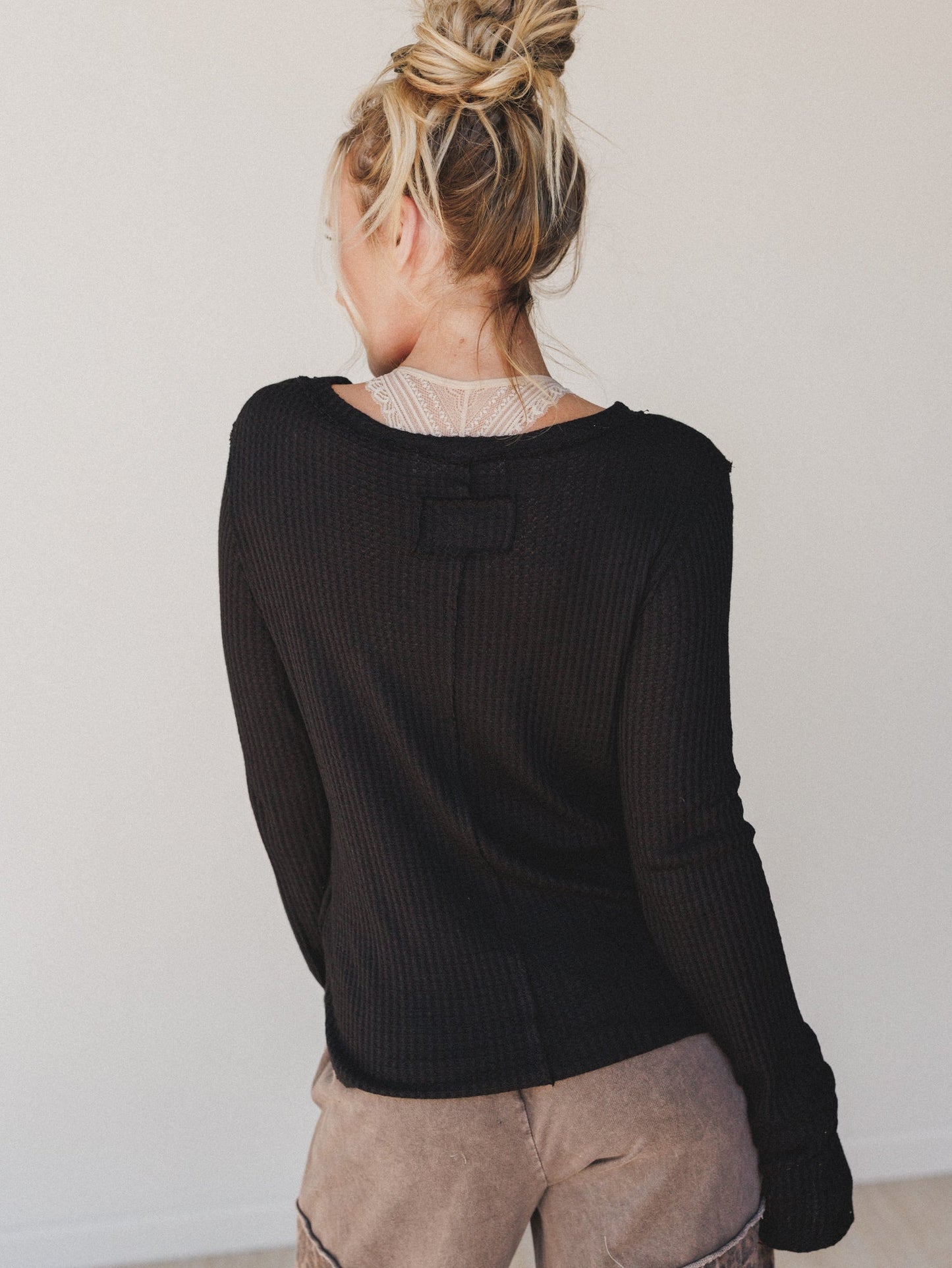 The Nest Jacqueline Waffle Long Sleeve Top - Black