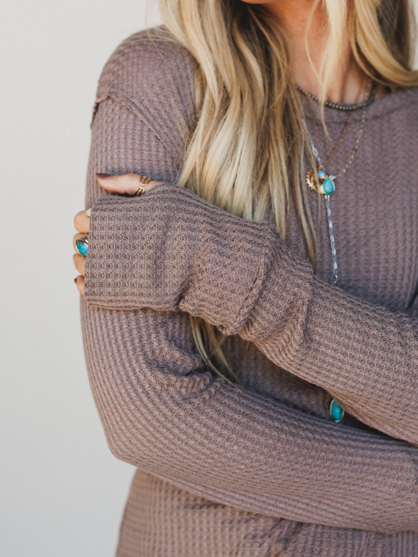 The Nest Jacqueline Waffle Long Sleeve Top - Mocha