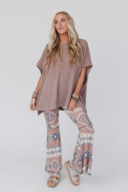 The Nest Boho Bliss Ribbed Flare Pants - Taupe