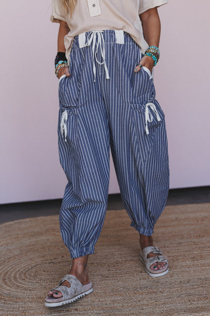 Sunday Social Striped Drawstring Joggers - Blue