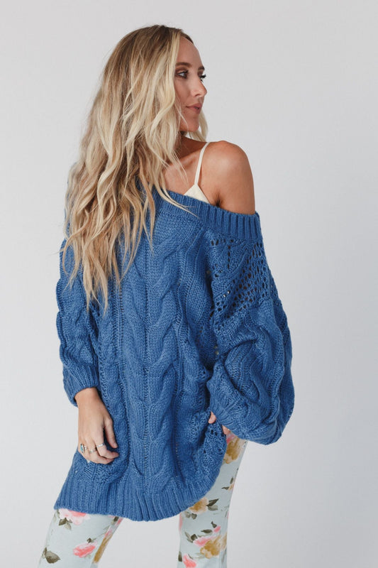 Golden Hour Bubble Sleeve Sweater Dress - Blue