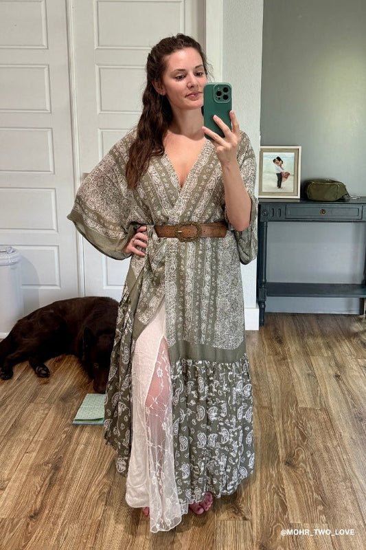 Paisley Tapestry Free Flow Duster Kimono - Olive
