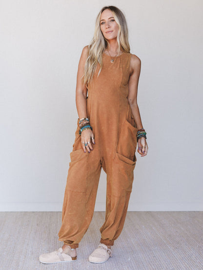 Turning Point Washed Cargo Jumpsuit - Camel