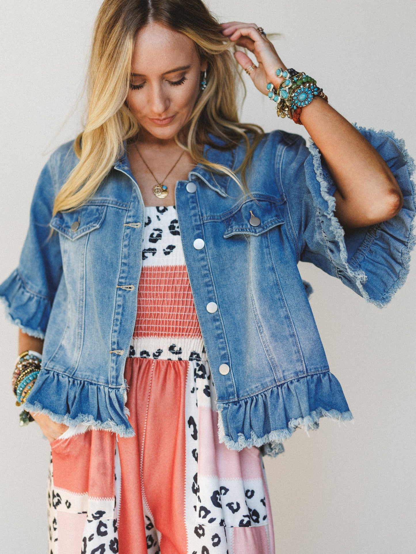 Scottie Ruffle Denim Jacket - Light Blue
