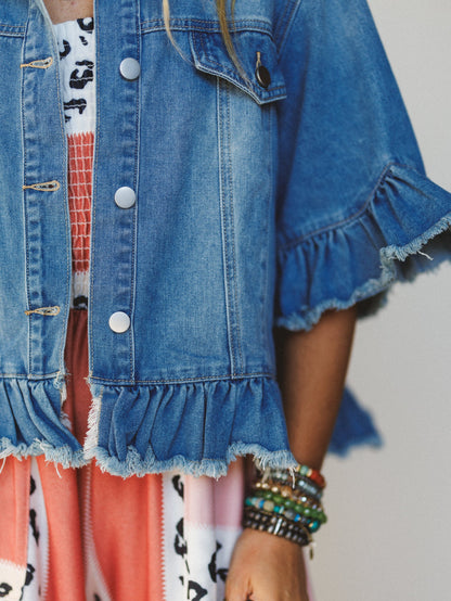 Scottie Ruffle Denim Jacket - Light Blue