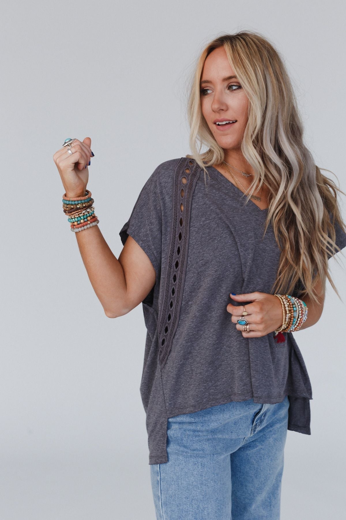 The Nest Camden Lace V Neck Top - Charcoal