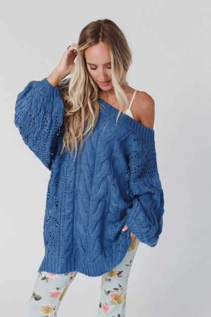 Golden Hour Bubble Sleeve Sweater Dress - Blue