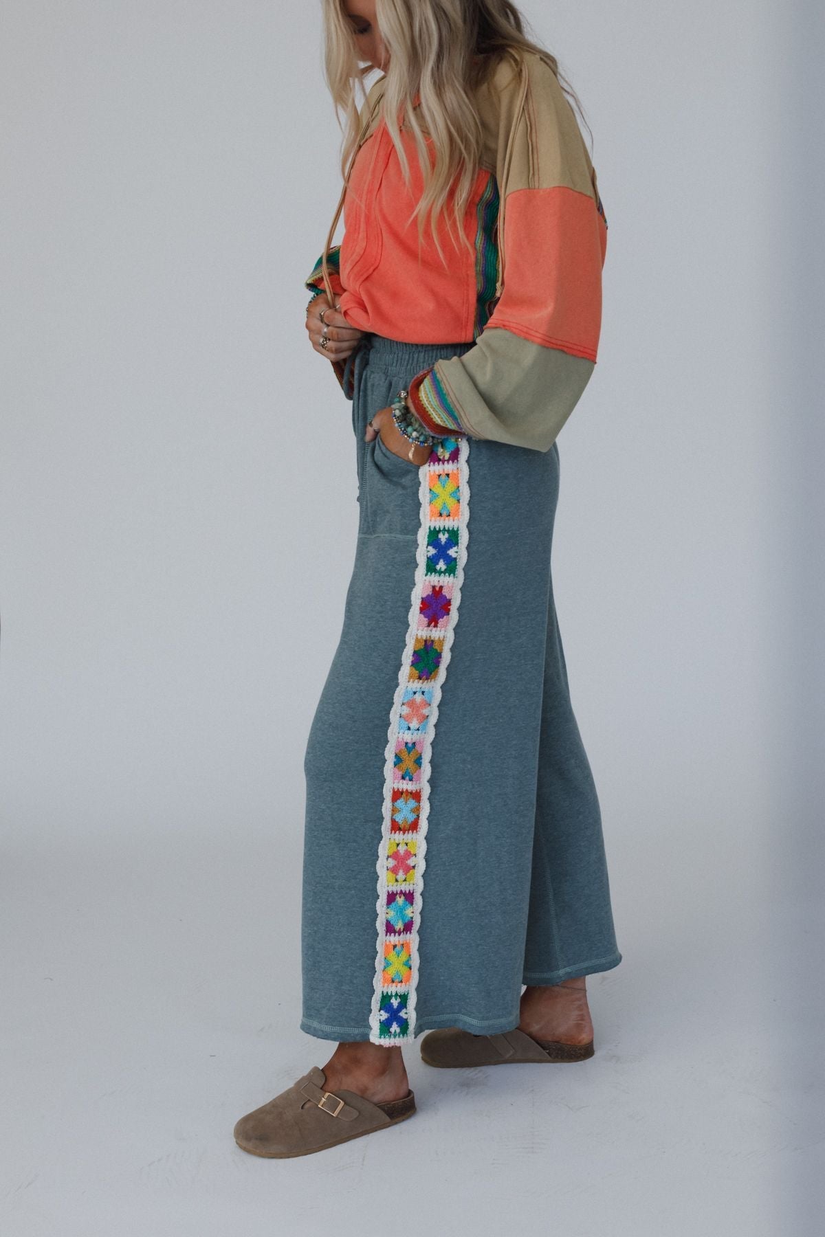 The Nest Love Seeker Crochet Panel Pants - Olive