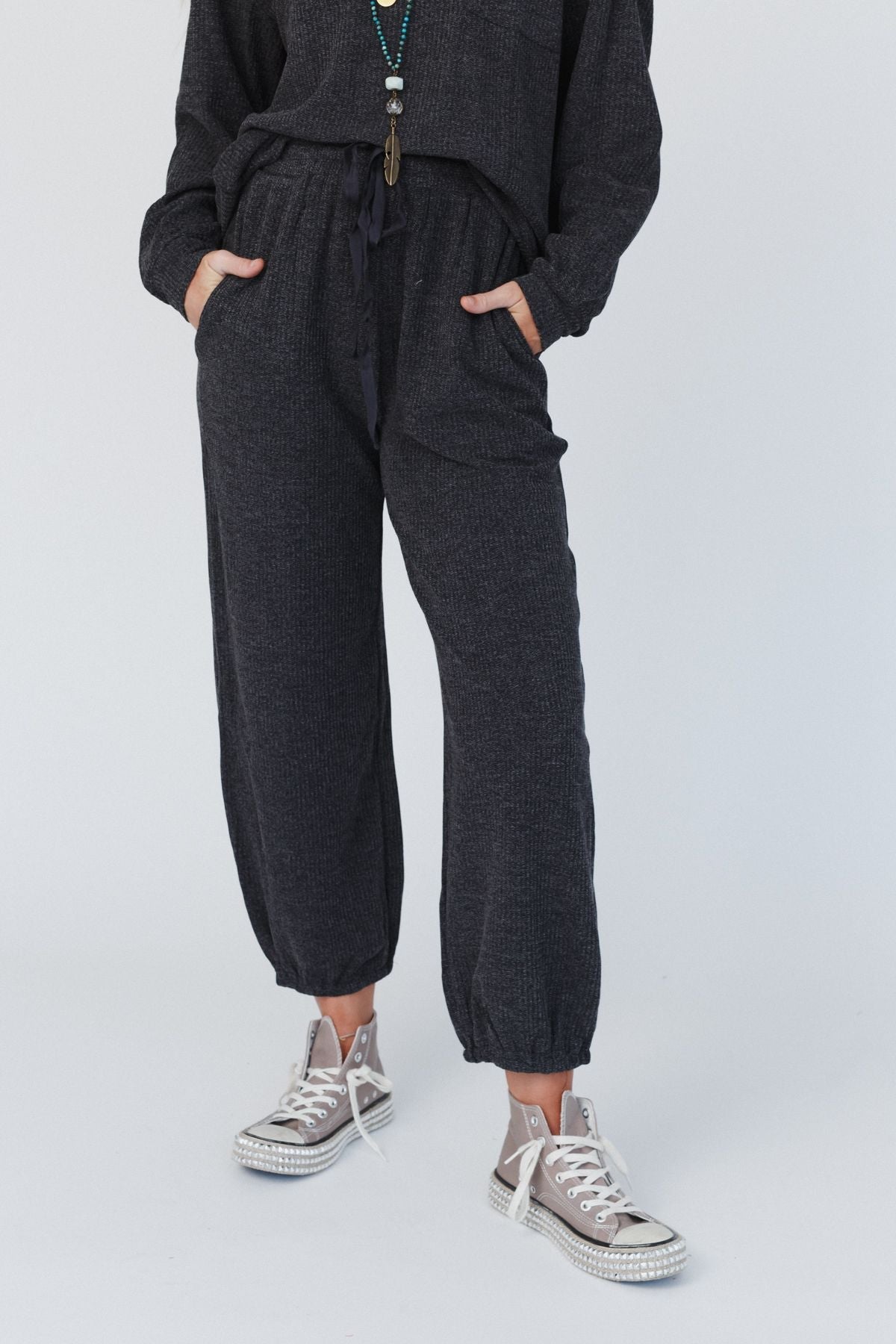 Calling The Shots Waffle Knit Set - Charcoal