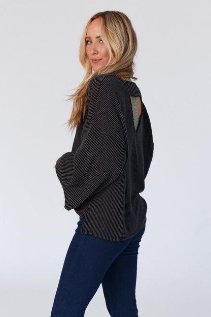 The Nest Love It Round Neckline Textured Top - Charcoal